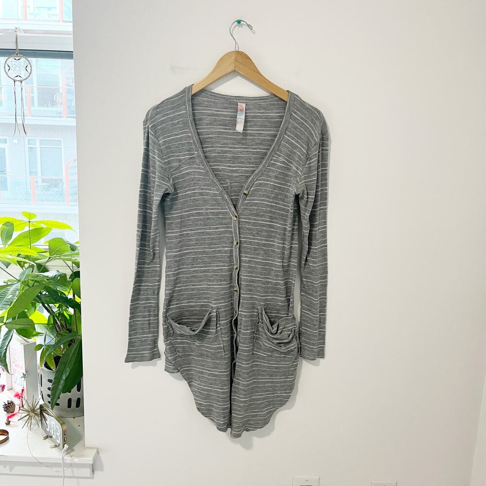 Free People Gray & White Striped Ribbed Cardigan Sweater Size Small